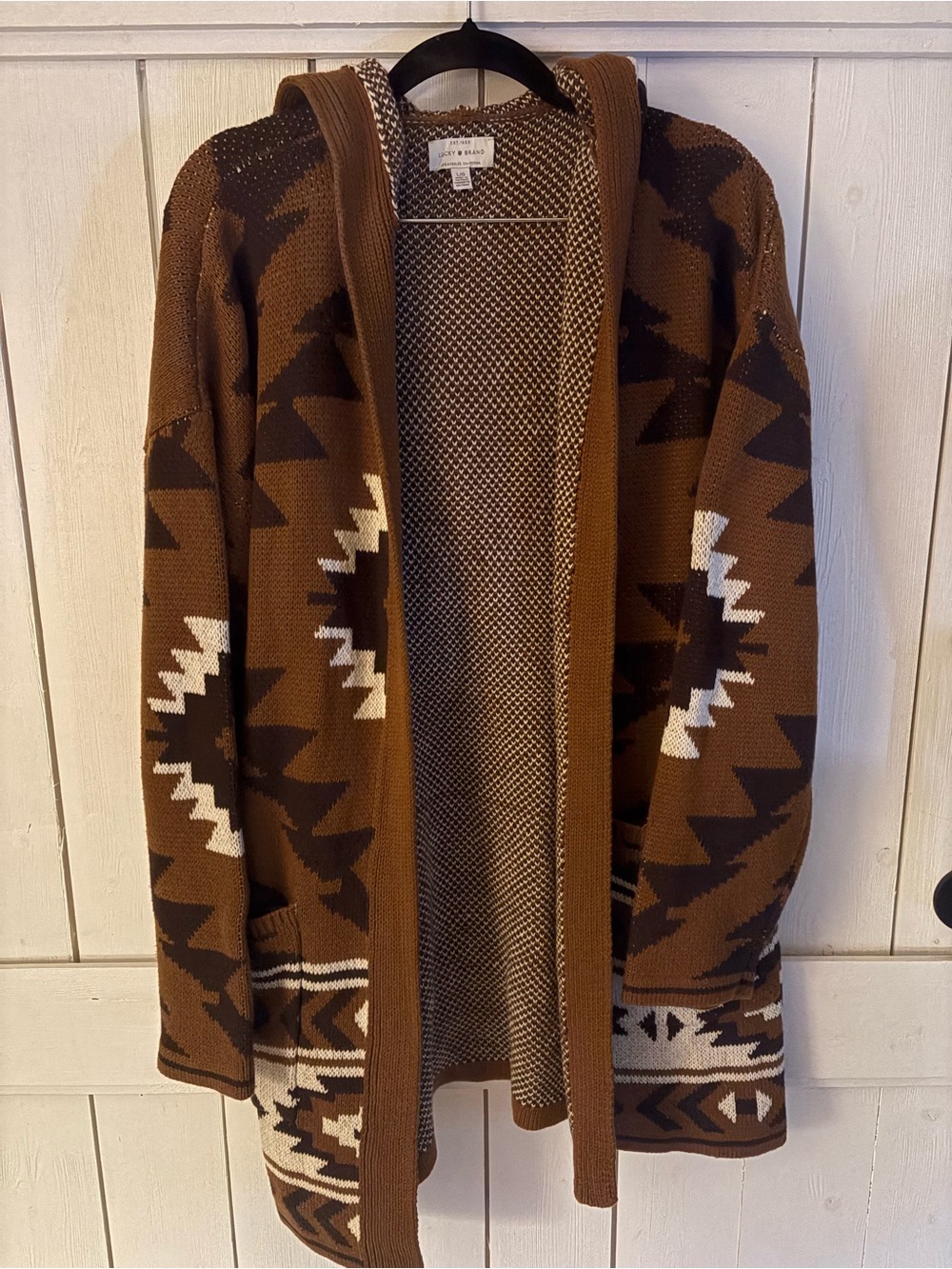 Lucky Brand Brown Aztec Hooded Cardigan with Cream Accents